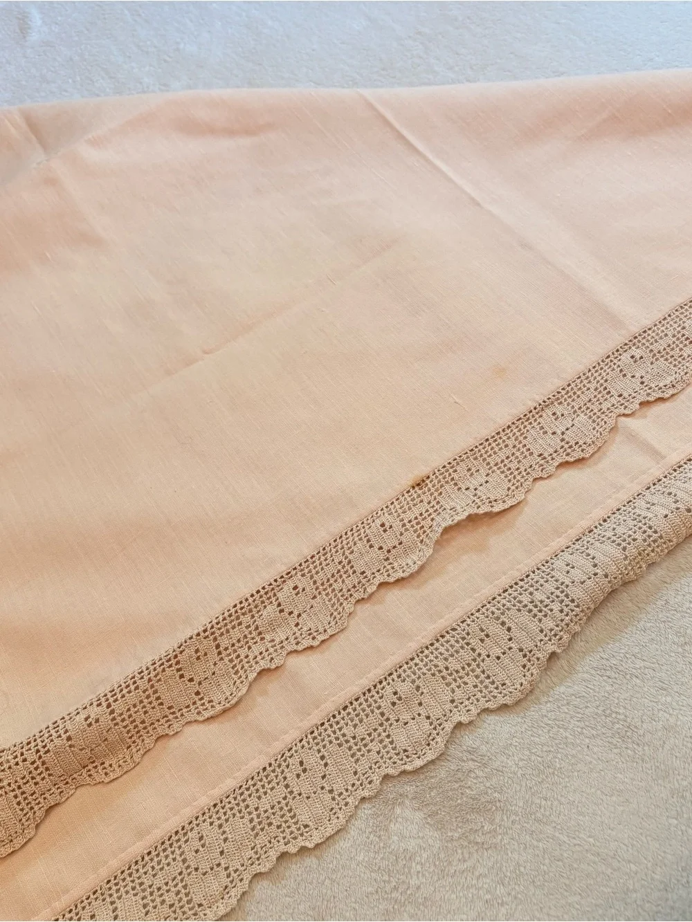 Classic Crochet Lace Trim Linen Tablecloth in Cream Tan Vintage Handmade